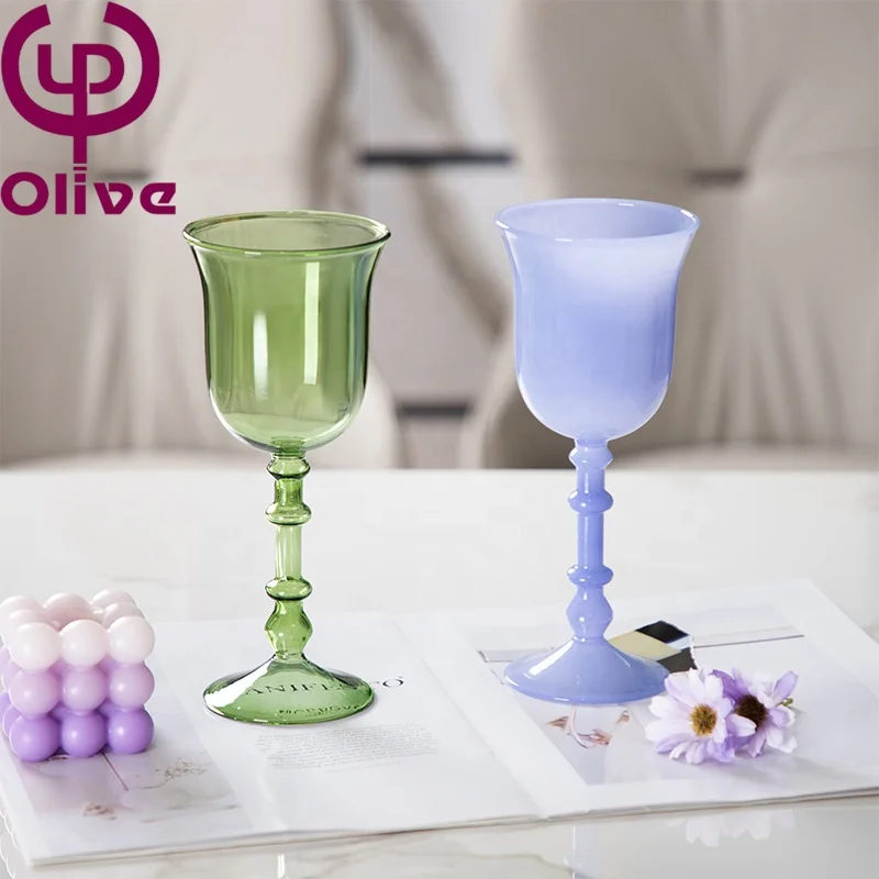 Vintage Home Decor Stained Glass Stemware Roman Column Hand Blown Red Wine Glass French High Borosilicate Colored Glass Goblets