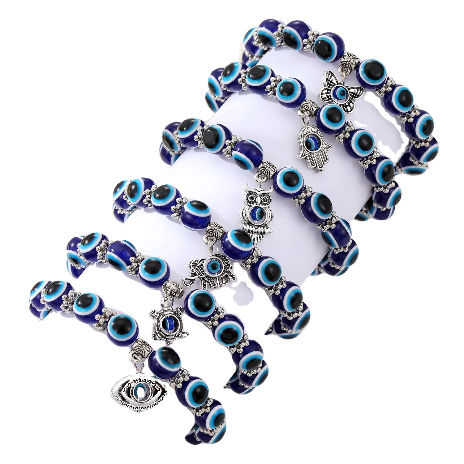New Arrivals Handmade Evil Blue Eyes Bead Stretch Bracelet with Pendant Alloy Eye Tortoise Butterfly Hamsa Hand For Women Men