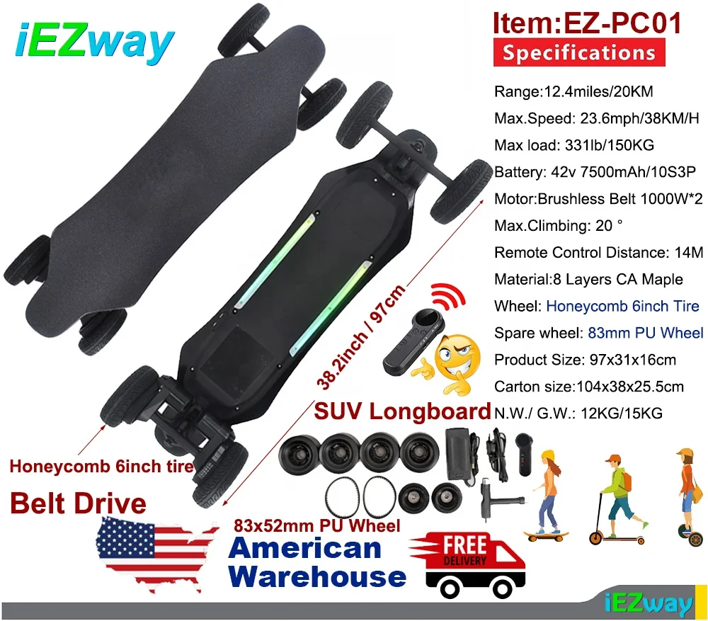 
2021 iEZway USA Warehouse Alibaba Express Amazon New Product Dual Belt Drive 4 wheel Electronic Skate Board Electric Skateboard 