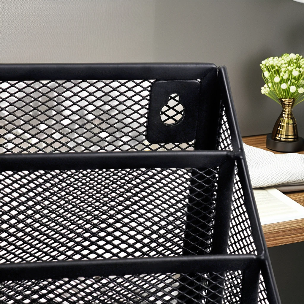 Foska 3-Tier Metal Iron Black File Desk Organizer for Home Office & School Mesh Letter Storage Holder with Tray