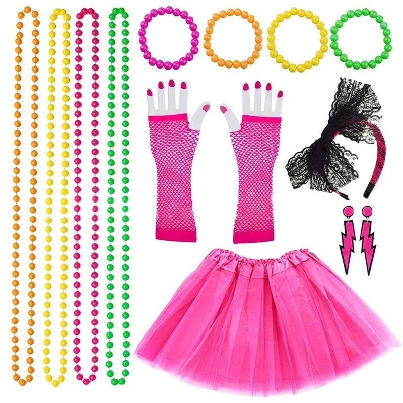 Women 80s Fancy Dress Accessories Retro Party Costume Set Adult Tutu Skirt Neon Fishnet Gloves Beaded Necklace Bracelet Earrings