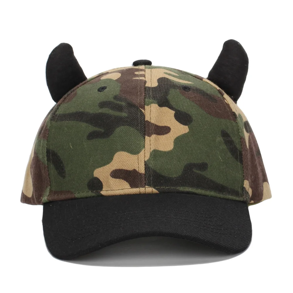 Camouflage stripe Devil Horn Peaked Baseball Cap Hat for Men and Women 6-Panel Solid Color Hip-Hop Truck Driver Hat Unisex