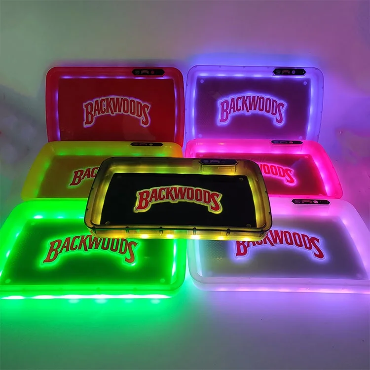 Factory Directly Wholesale Plastic Backwoods LED Rolling Tray Discount Smoking Tray Light Up With USB Chargeable