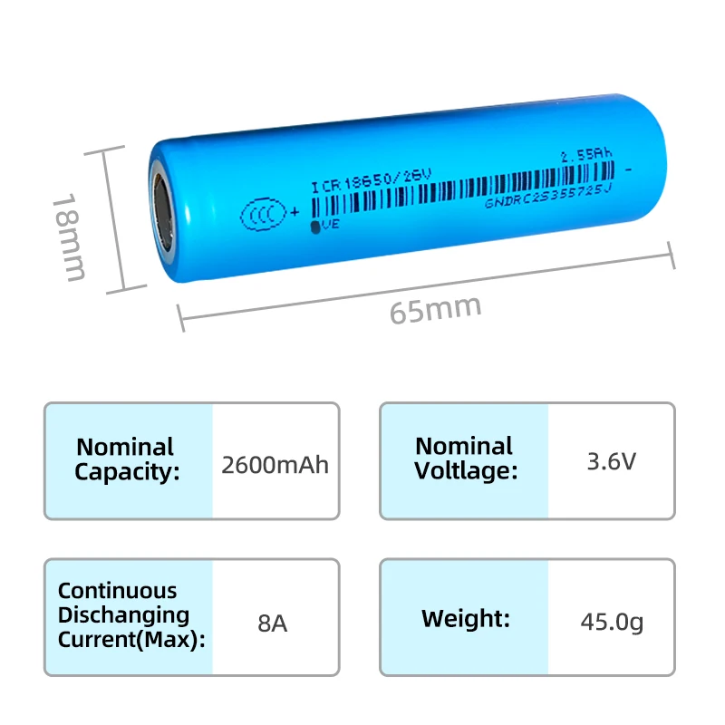 High Capacity 18650 Cell Li-ion 2600mah 3.6V 10C Lithium Ion Batteries for Laptop