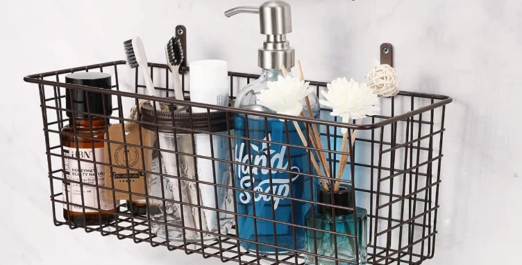 Wholesale kitchen bathroom organizer matte black wall mounted storage hanging wire basket