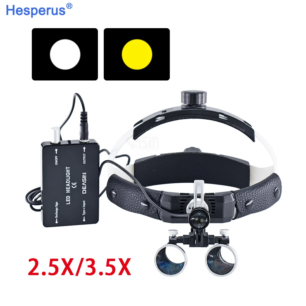 ENT Head Wearing Binocular Dental Headlight Loupe 2.5X 3.5X with 5W Spotlight with Rechargeable Lithium Battery Angle Adjustable
