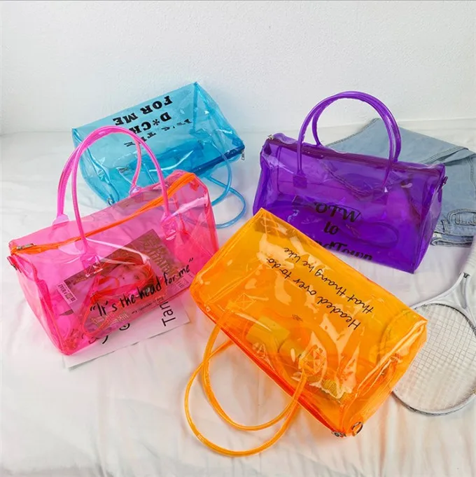 OEM cheap clear overnight tote bag gym custom fashion sneaky link bags overnight PVC transparent jelly spend one night bag