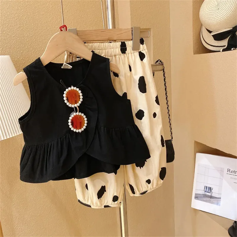 Summer Girls Clothing Set Korean Fashion Style Sleeveless Irregular Tank Top+Large Wave Dot Mosquito Proof Pants Kids Suit
