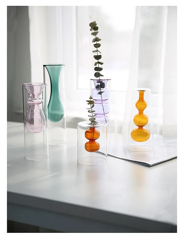 Nordic ins modern minimalist stained creative art personality double glass transparent flower vase
