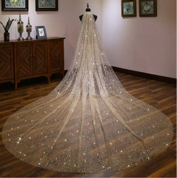 Champagne Brightly-colored bridal veil with trailing tails