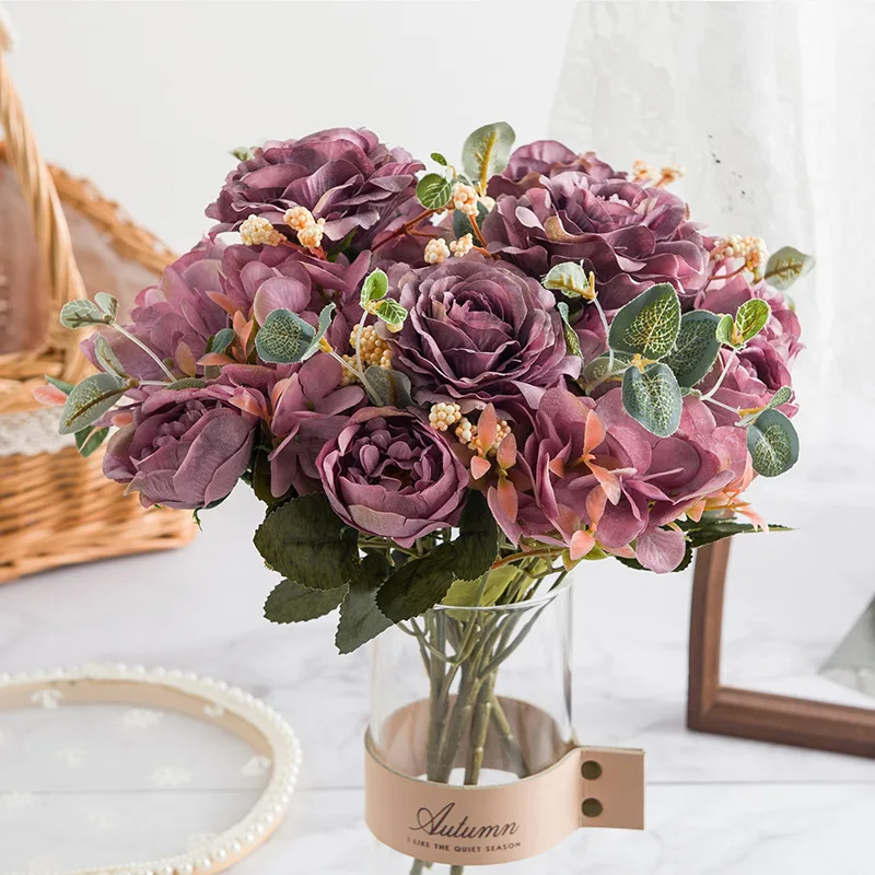 Hot selling short bouquet peony flower arrangement evergreen hydrangea rose flower for vase arrangement decoration