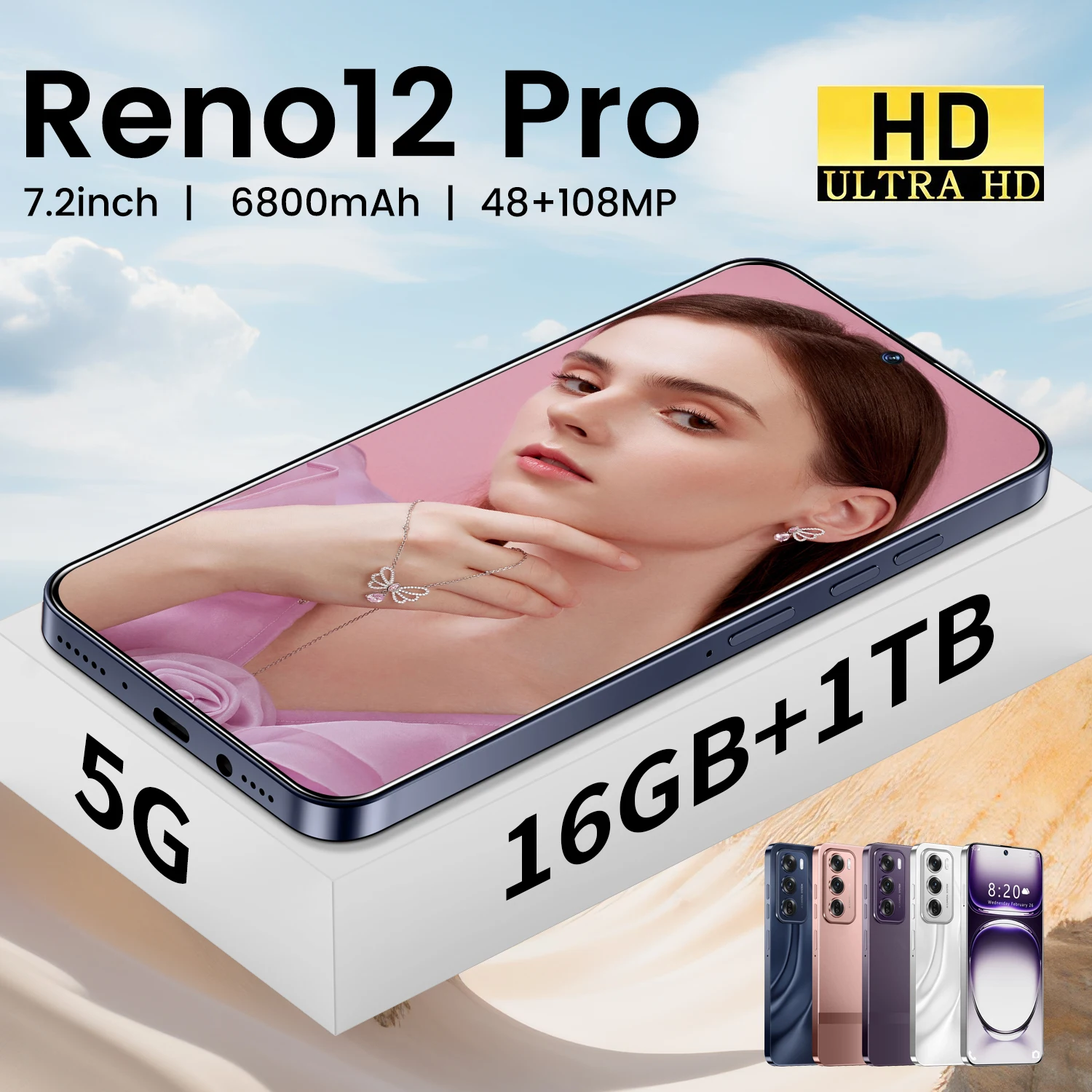 High Quality Unlocked 7.3 Inch Reno 12 Pro Smartphone 16GB+1TB 5G Android 13.0 Dual SIM HD Screen Face Unlock Global Gaming