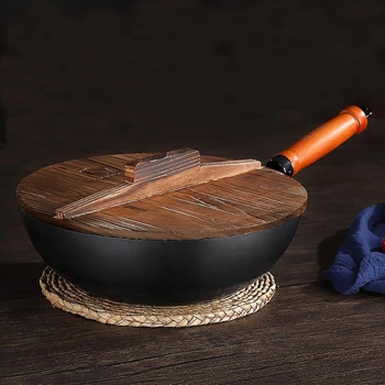 Wholesale 32cm cast iron wok with glass cover non-stick chinese wok wooden handle wok pan