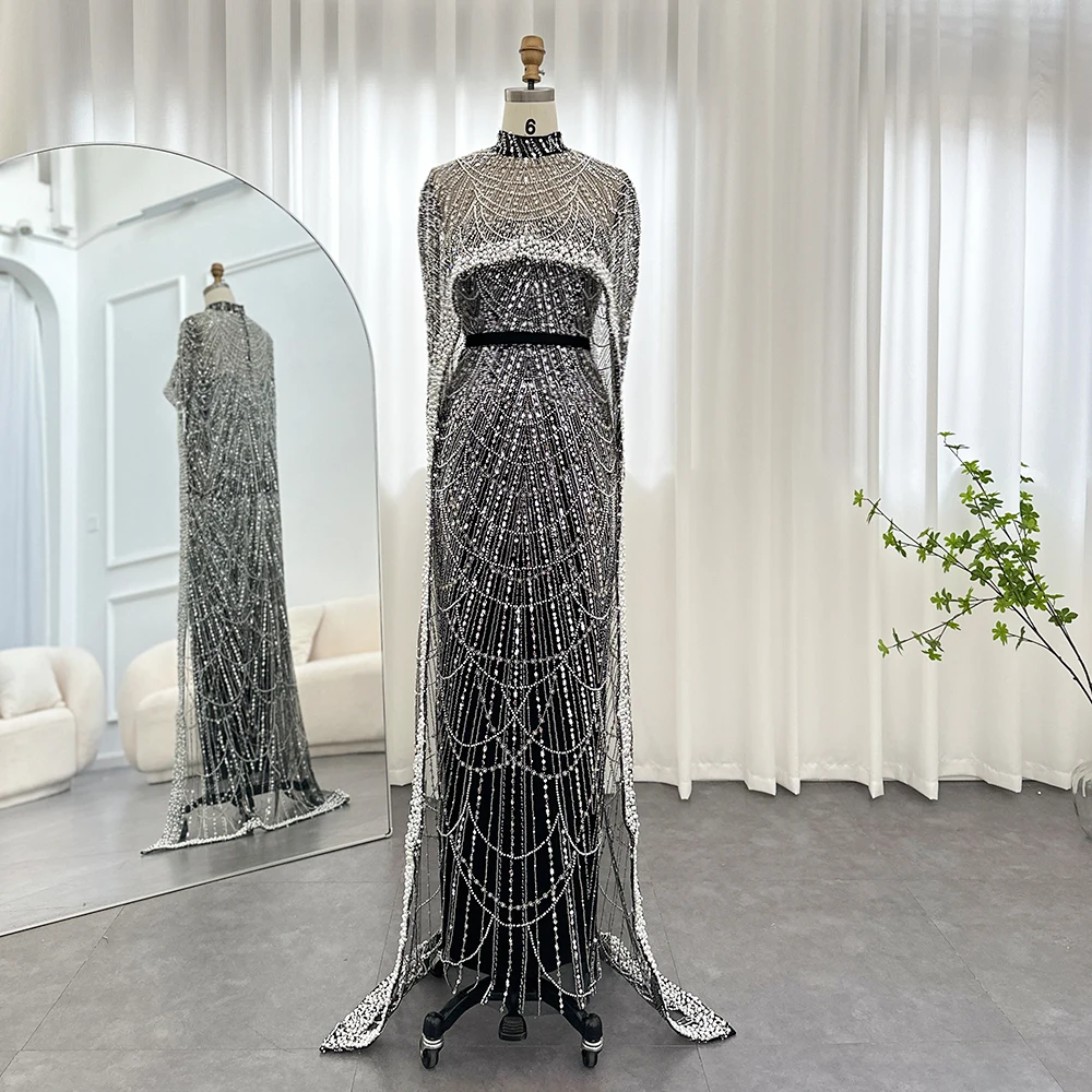 Scz097 Luxury Pearls Dubai Champagne Evening Dresses With Cape 2023 New Arabic Women Mermaid Wedding Party Prom Dress