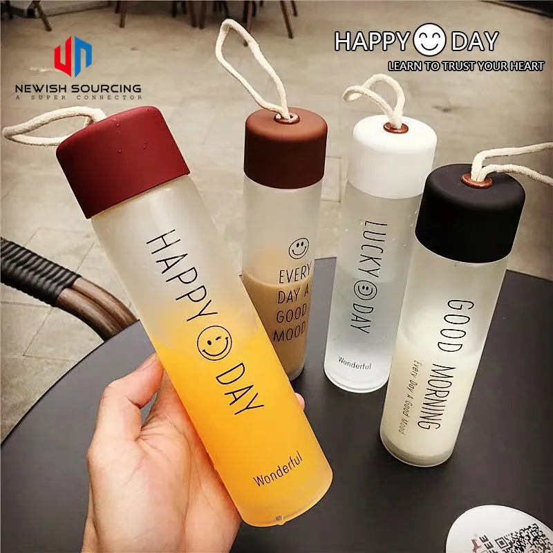 
350ml Custom Logo Smiley Glass Frosted Sealed Handy Cup Creative Outdoor Transparent Portable Water Bottle 