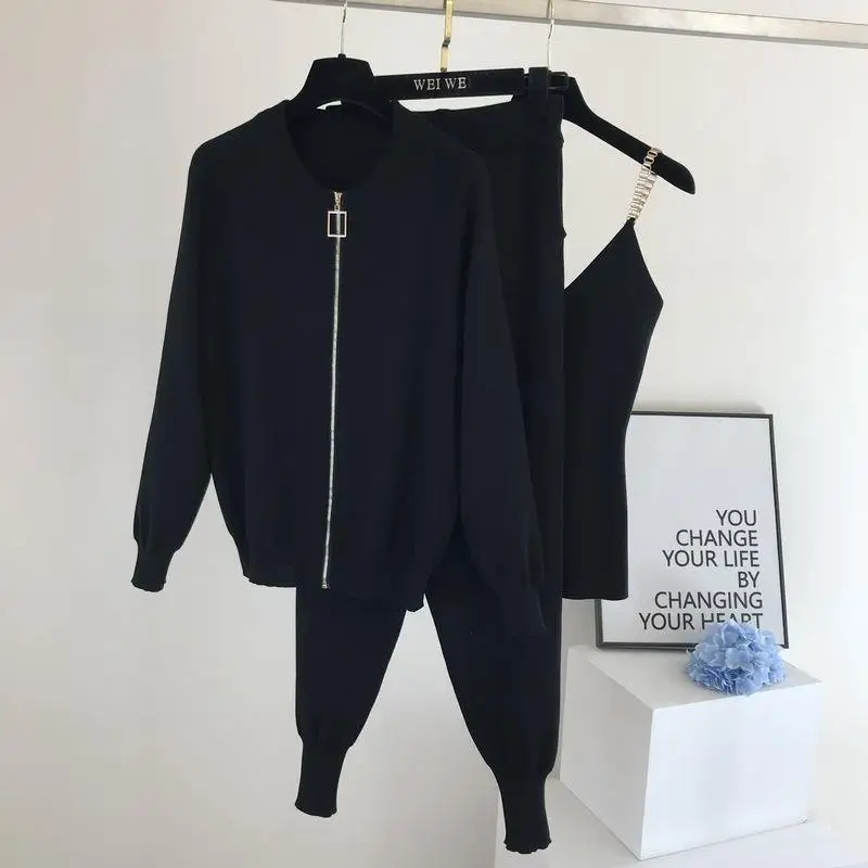 Spring and Autumn New Korean Style Chain Vest Knitted Jacket Small Leg Elastic Pants Knitted Three-piece Set for Women