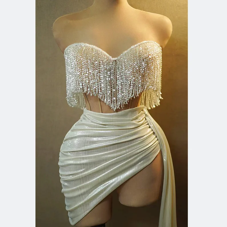 Off The Shoulder Corset Rhinestone Chain Dress Women Party Night Club Dresses Sexy Women Concert Performance Clothing