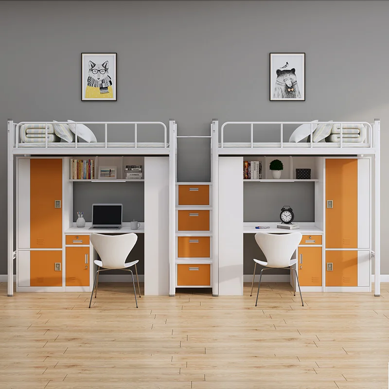 Adults College steel bunk bed Student Apartment Steel Loft Wardrobe Cheap desk and locker boarding school beds