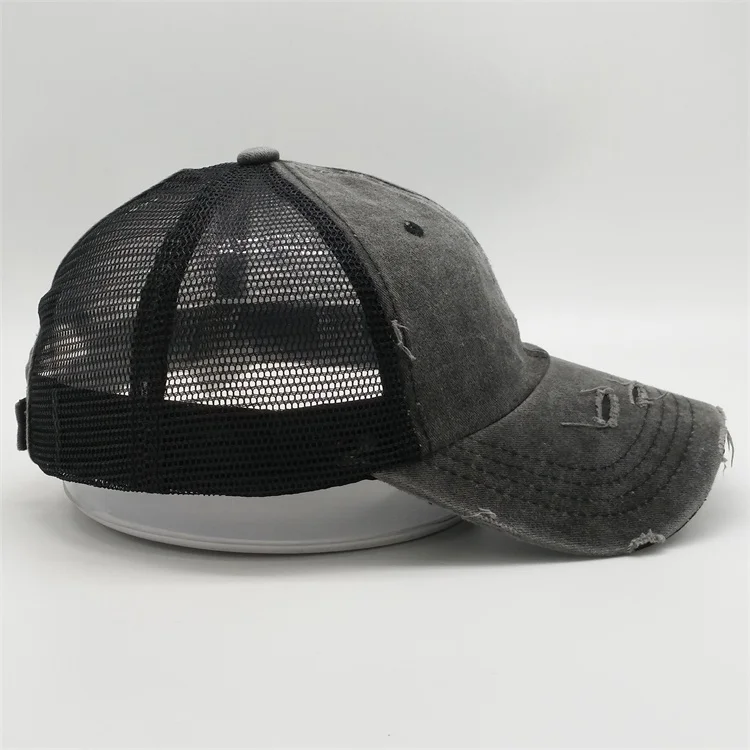 2019 Popular Denim Distressed Worn Out 6panel Mesh Ponytail Baseball Trucker Sports Hats Caps