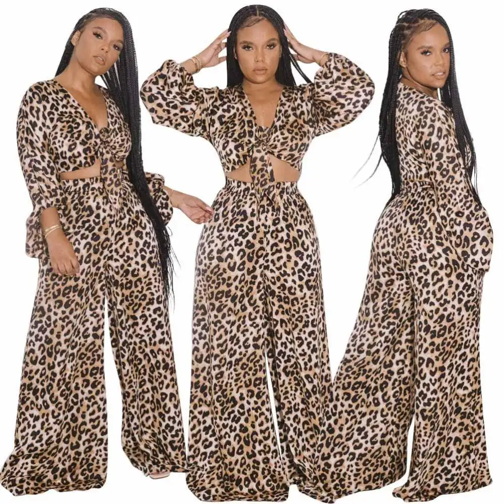leopard print 2021 Casual 2 Piece Outfit Open chest strap top Blouse Loose Wide Leg Ladies Pants Womens Two Piece Sets