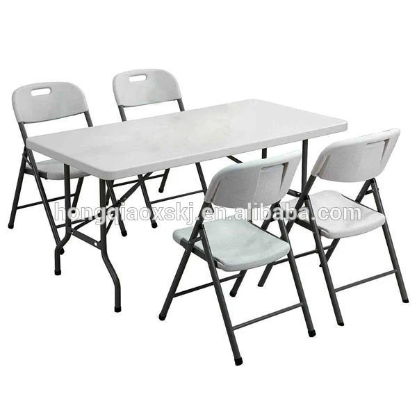 white HDPE plastic portable folding dining table wholesale with metal table legs