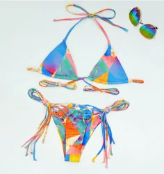 Custom tropical hawaiian fashion show women high waist swimsuit printed swimwear two piece flower micro bikini set