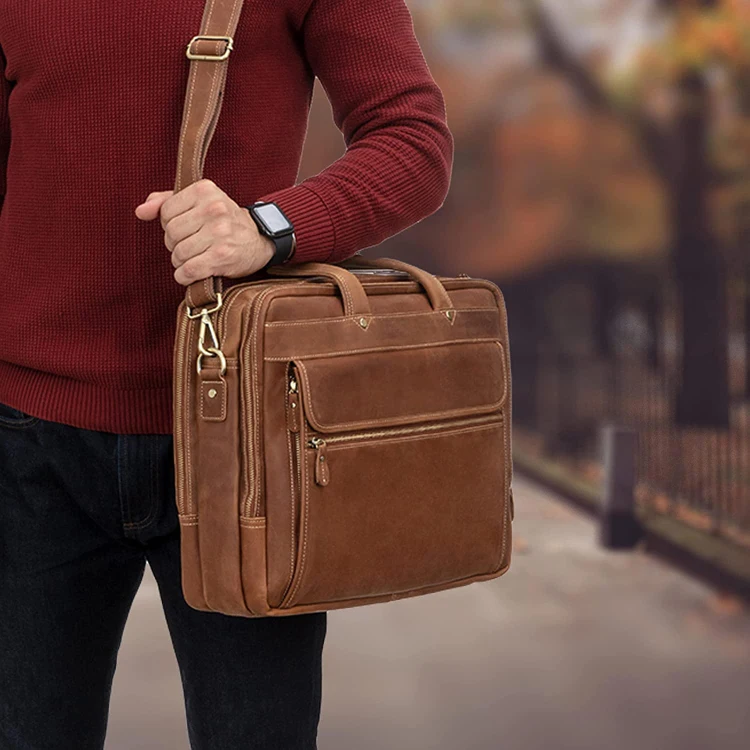 Customized Handcrafted Leather Briefcase Laptop Bag For Men With Many Compartments Fits 15.6 Inch Laptop