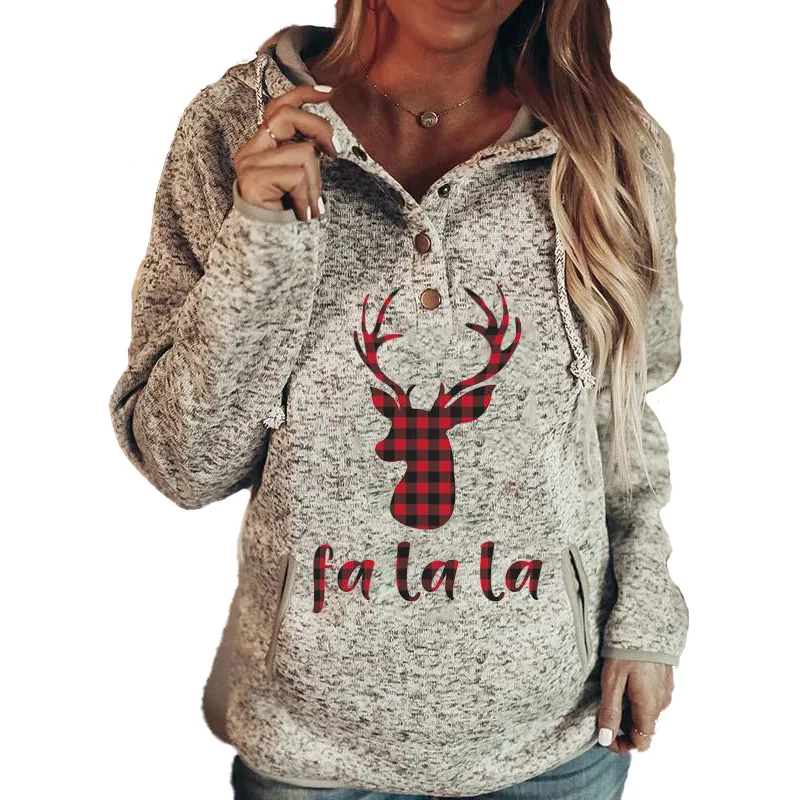 Good Quality Gray Christmas Plaid Deer Print Abdomen Pocket Printing Sweatshirt