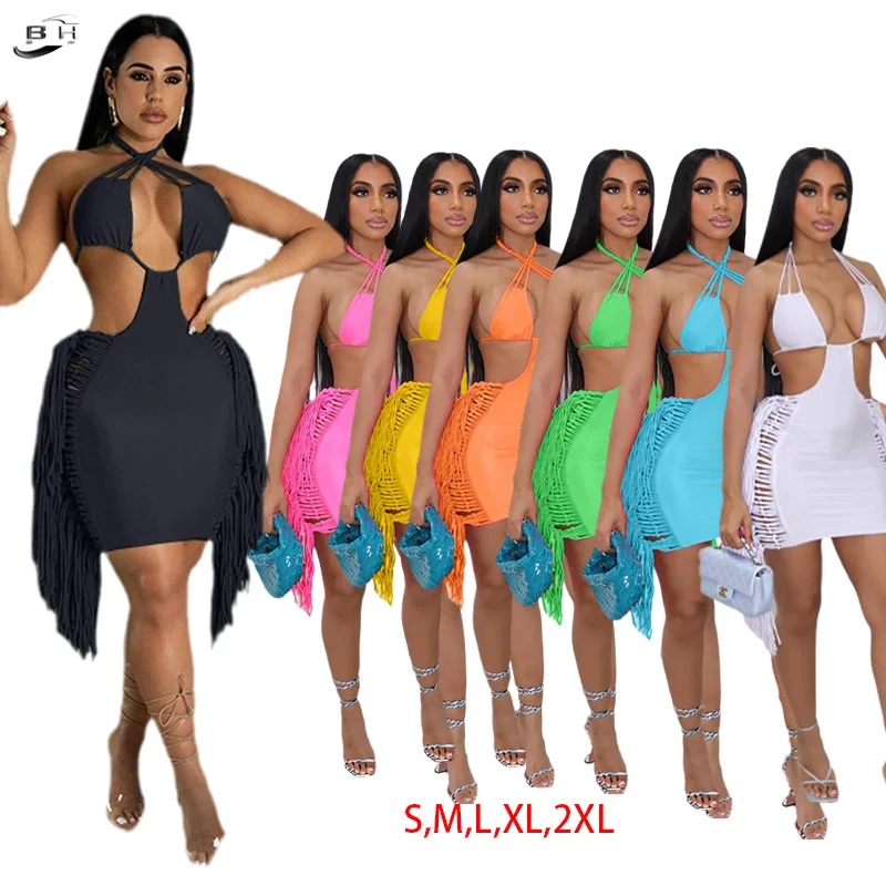 Hollow Out Tassel Mini Dress Women Sexy V Neck Cross Lace Up Sleeveless Bodycon Club Party Dress 2022 Summer Beach