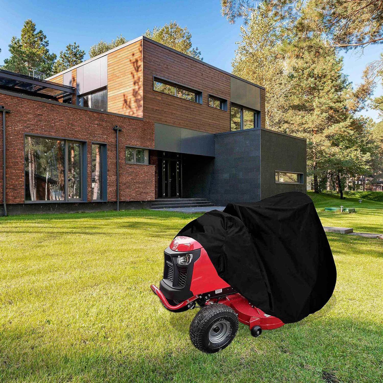 Riding Lawn Mower Cover Upgrade Windproof Design Lawn Tractor Covers with Elastic & Buckle Strap Waterproof Outdoor Mower Cover