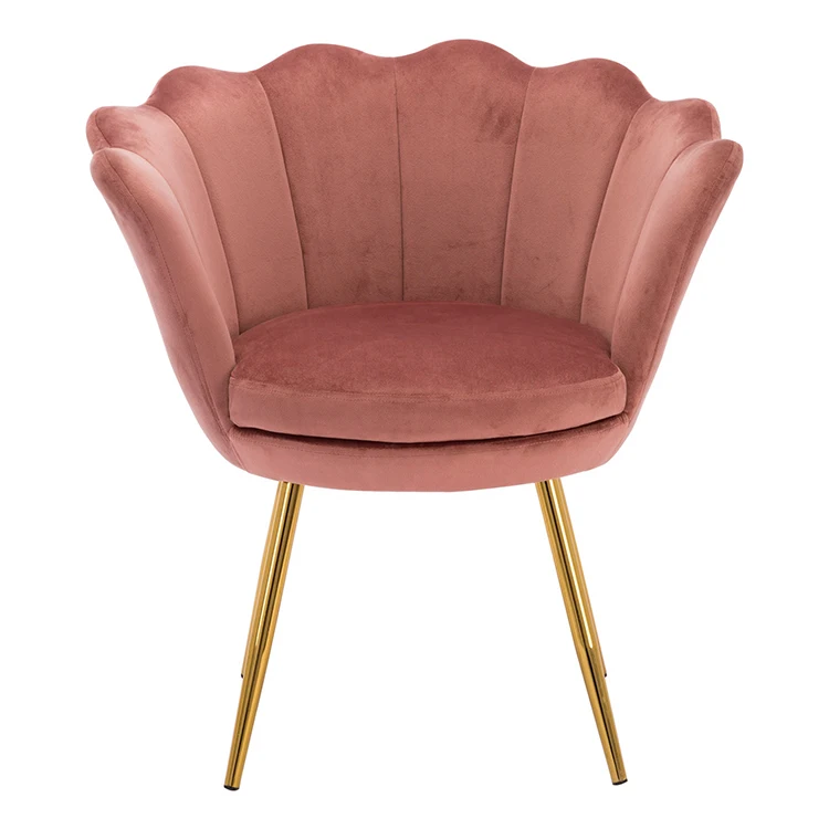 Manufacturer Sale Elegant Arm Chair Modern Metal Frame Pink Velvet Shell Flower Dining Room Chair With Gold Leg