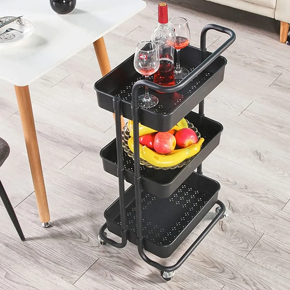 3 Tier Household Stackable Kitchen Storage Rack Multi Purpose Mobile Adjustable Plastic Utility Rolling Cart