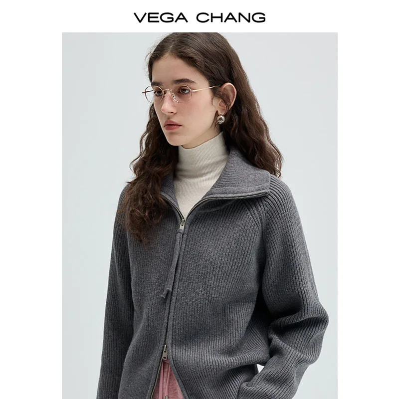 VEGA CHANG лидер продаж трикотаж весенне-осенний мешковатый облегающий кардиган с лацканами топ на молнии для женщин