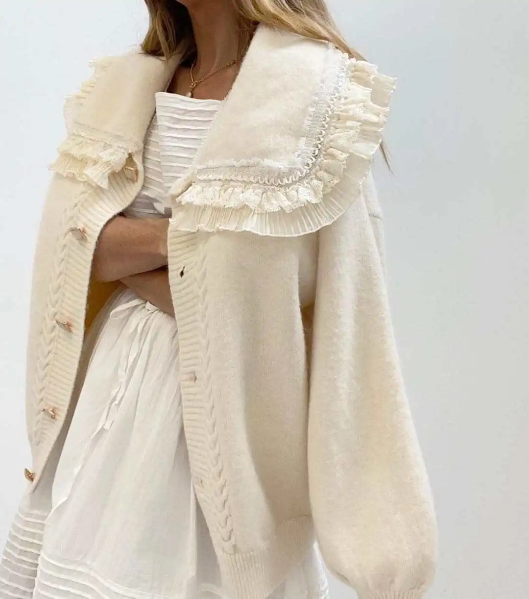 New design women ruffle  knitted cardigan lantern sleeve sweater cardigan
