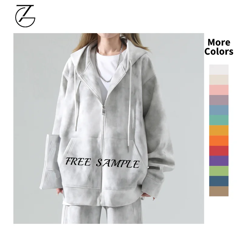 Heavyweight Acid Wash Hoodies Custom Women Oversized Washed Baggy Hoodie French Terry Regular Zip Up Hoodie