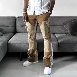 Wholesale Mens Jogger Pants Sweatpants Patchwork Trousers Custom Paint Splatter Print Raw Edge Hem Flare Pants