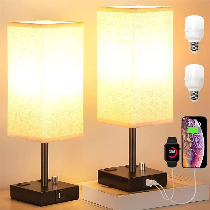 Wholesale Table Lamp with USB A+C Charging Ports & AC Outlet, Dimmable Modern Nightstand Linen Lamps For Home Bedroom Decor