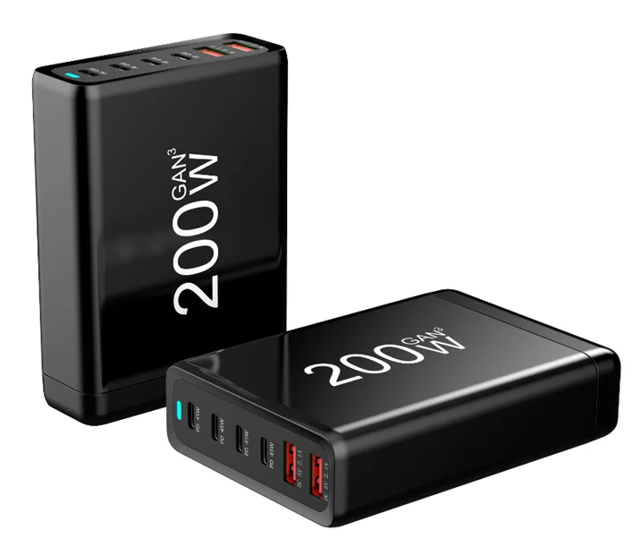 OEM 200W GaN Quick Charger with 4C+2A USB Type C Multiple power delivery Travel Adapter for Quick Charging (UK/US/EU/AU Plugs)