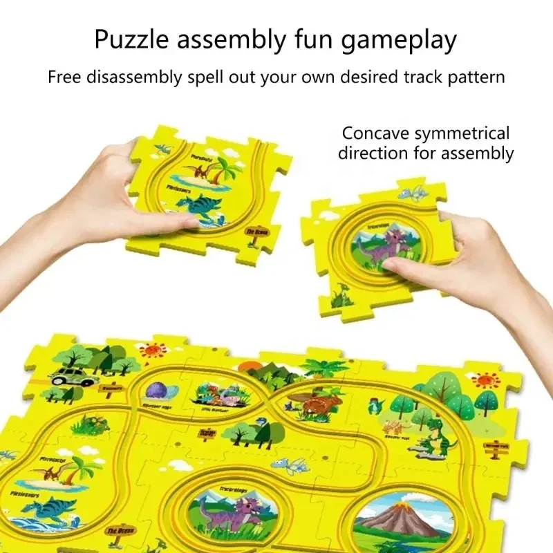 DIY assembling puzzle track car play set kids educational track jigsaw railway building puzzle board kits with electric vehicles