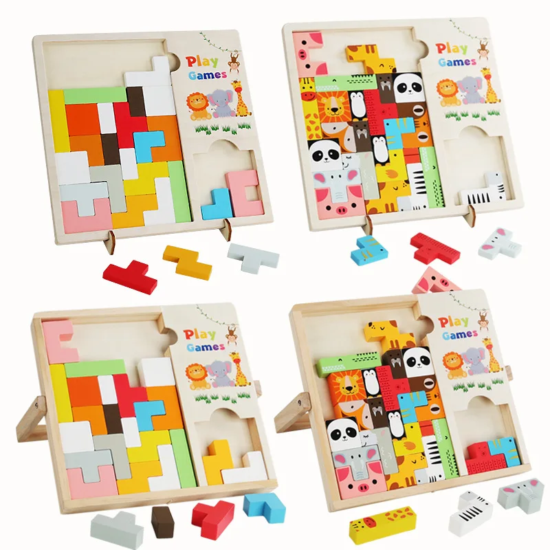 Preschool children kids educational learning play toy 3D russian puzzle blockes colorful shapes wooden puzzles for toddlers