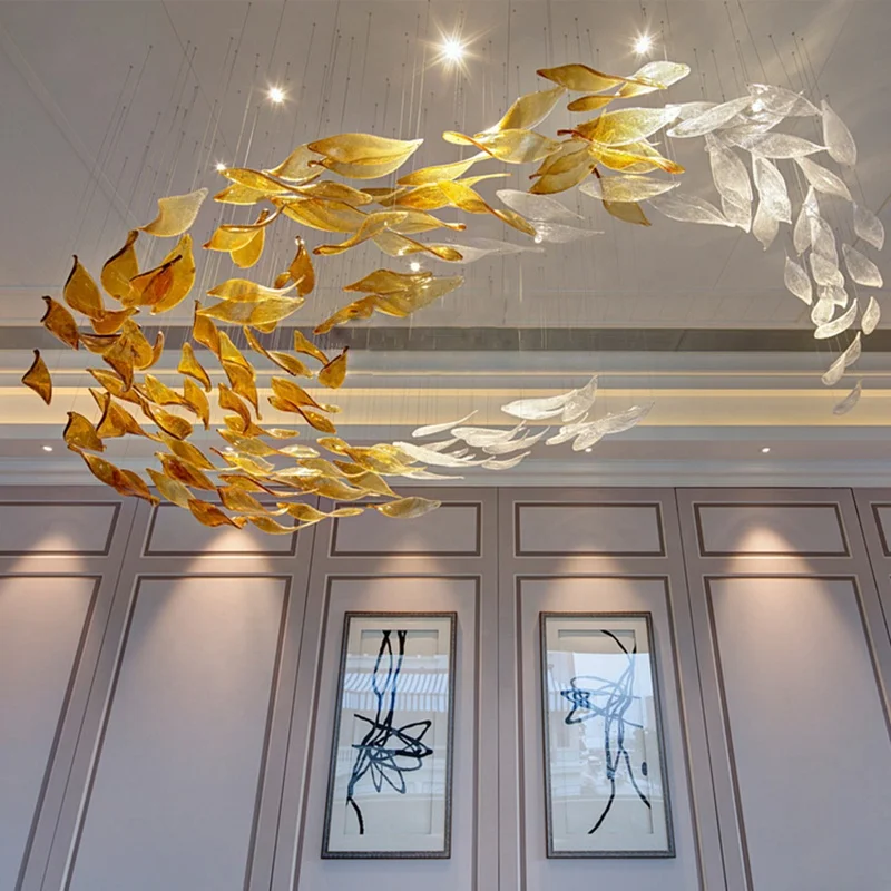 Luxury Ceiling Hanging Lamps Decorative Golden Twisted Glass Leaf Chandeliers for Restaurant Lobby Living Room Villa