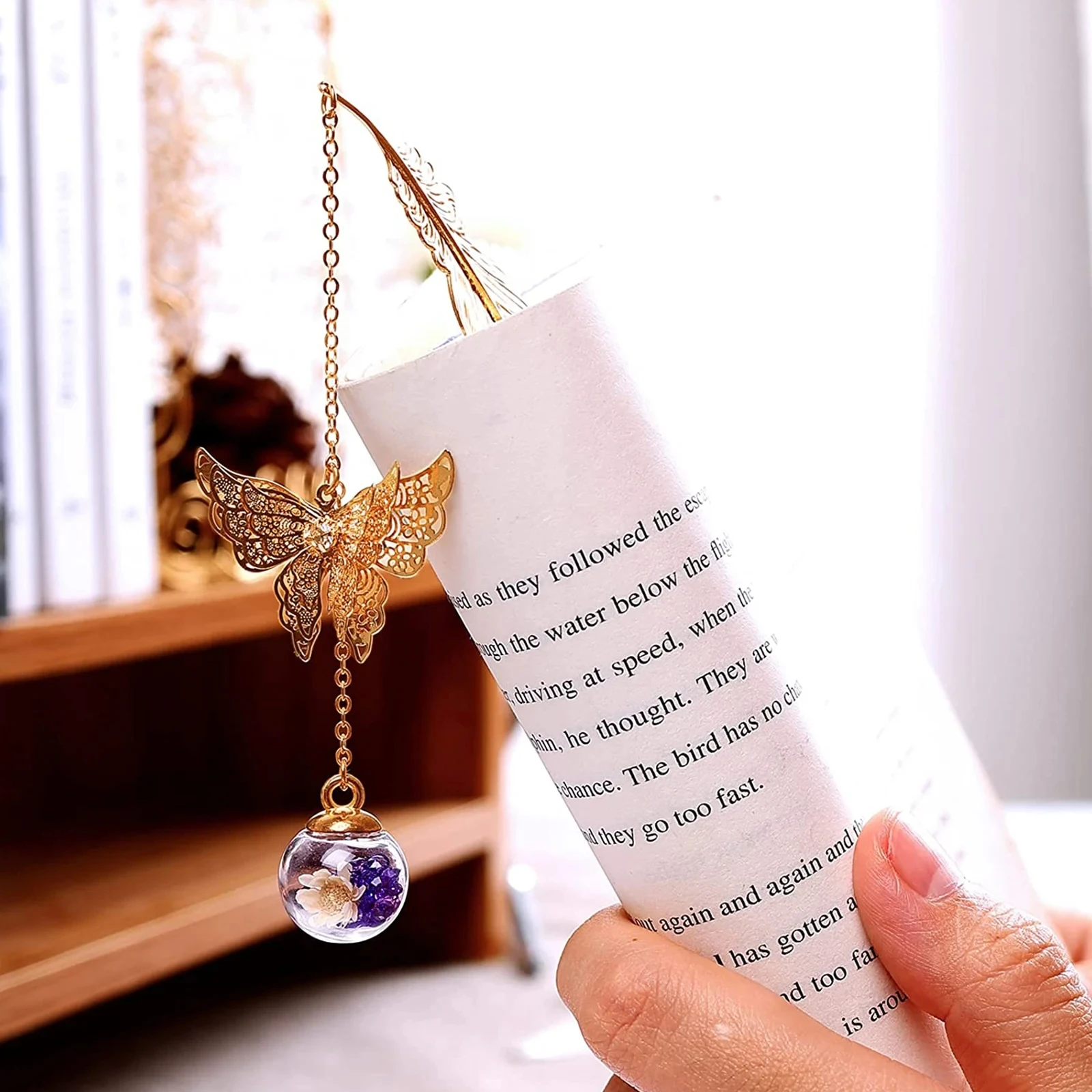 Flower Specimens Butterfly Pendant Bookmark Chinese Style Creative Metal Feather Stationery Book Marks for Teacher Gift Supplies