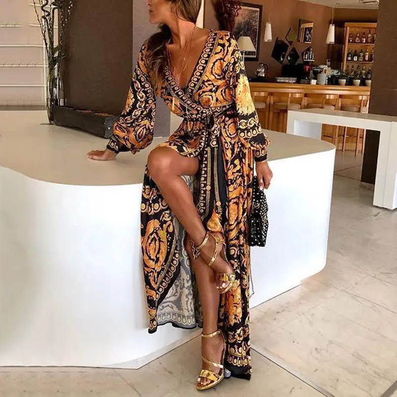 B2538 Fashion Elegant womans dress Sexy Boat Neck Glitter Deep V Neck Print Casual Dresses Formal maxi dresses women