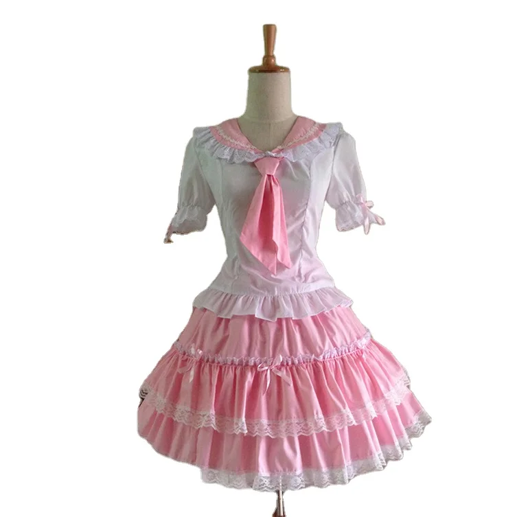 New Summer Cute Blue and Pink Short Sleeves Cotton Sweet Lolita Two-Piece Dress School Student Uniforms Sailor Cosplay Costumes