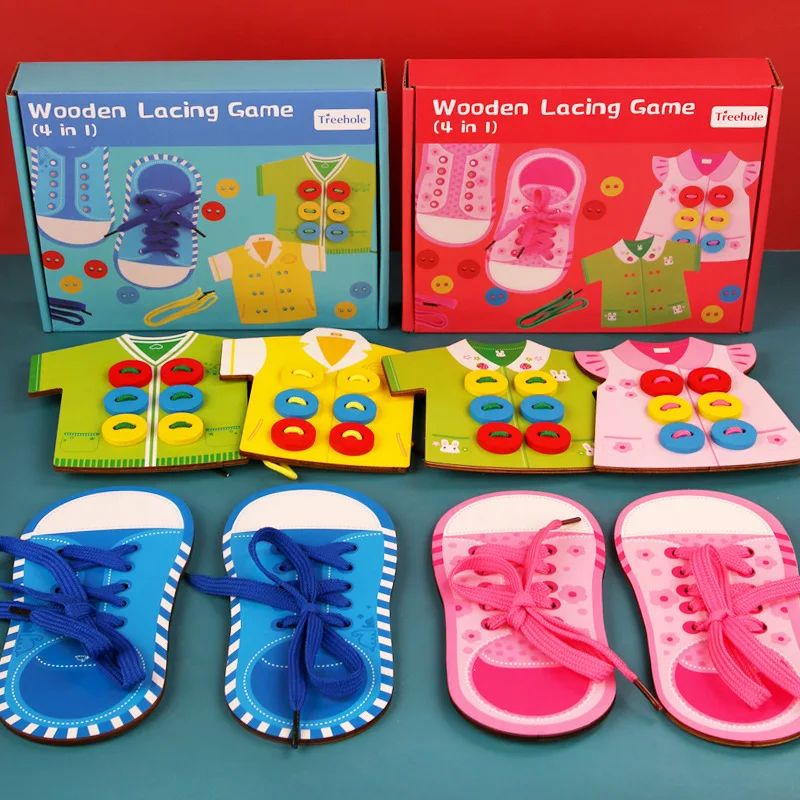 Preschool Educational Fine Motor Skill Threading Game Sewing Button Lacing Cards for Kids Toddlers Wooden Clothes Lacing Toys