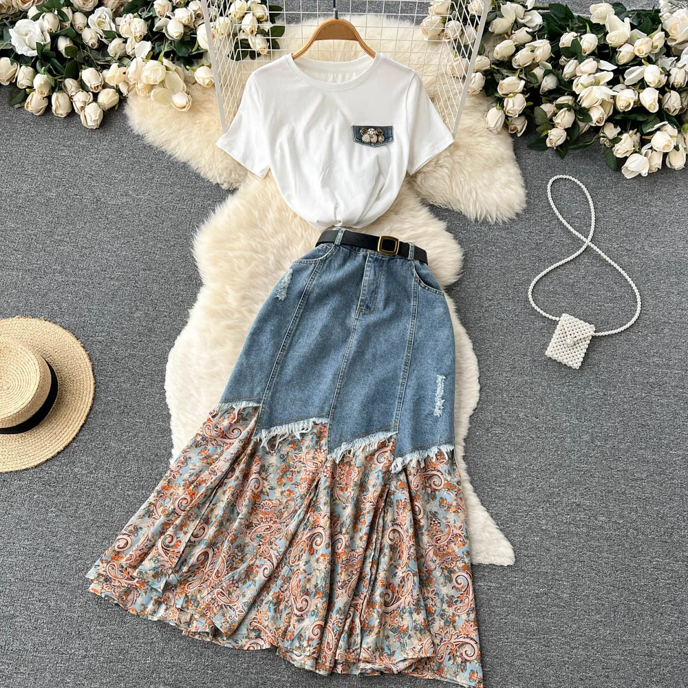 Custom chic design sense stitching denim skirt white short sleeve T-shirt top fashion two sets