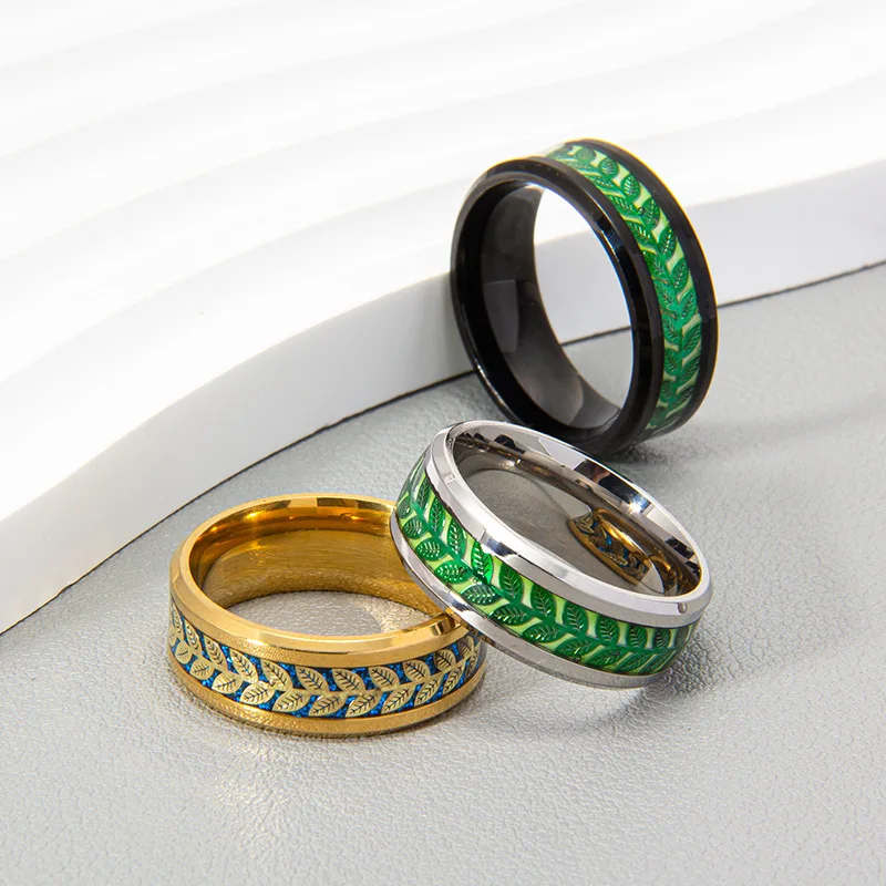 Fashion 8mm Natural Olive Leaf Design Jewelry Luminous Stainless Steel Rings For Engagement Couple Rings Wholesale
