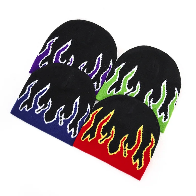 New Style Popular Custom Logo Fire Flame  Cap Jacquard Cuffless Beanies Hat For Women Men