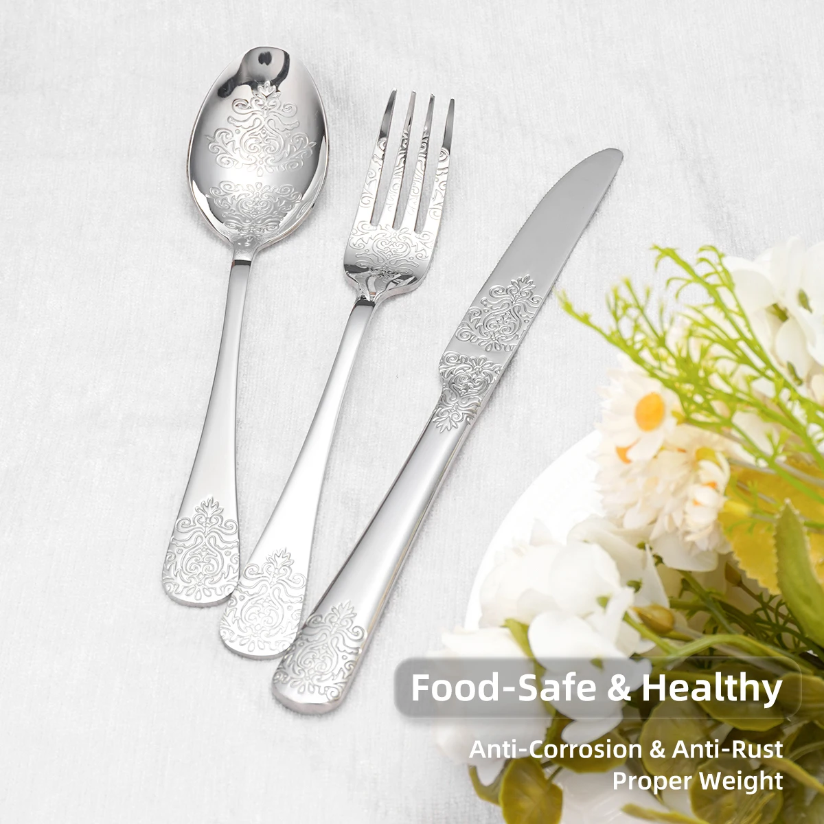 Middle East 5/65/200 Pcs Floral decorative Fork Knife And Spoon Silverware 3D Laser Cutlery Set Stainless Steel Flatware