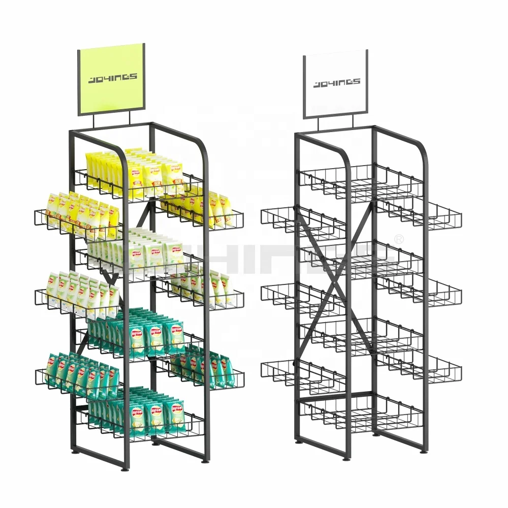 Promotional Metal Wire Display Stand Supermarket Basket Display Rack 4 Tier Food Display